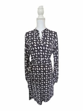 Laundry by Design Navy White Chain Link Print Belted Jersey Midi Dress Size M
